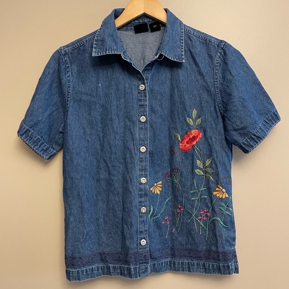 Erika Floral Denim Blouse Button Up Size Small